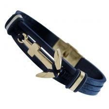 Black Leather Bracelet with Stainless Steel Anchor Accent- GOLD